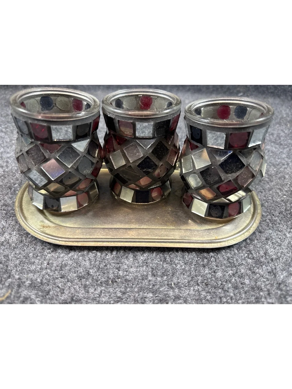 Vintage Mosaic Glass Candle Holders Set with Decorative Tray